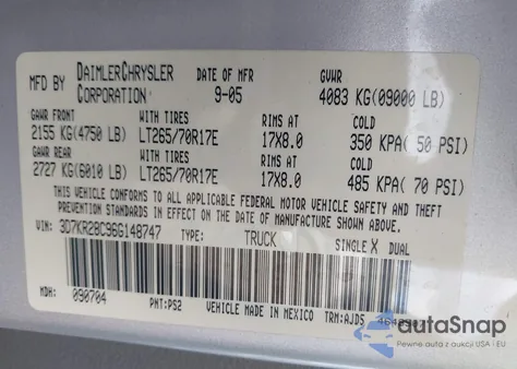 2006 Dodge Ram 2500 Slt/Sport из США, поврежденный, VIN 3D7KR28C96G148747